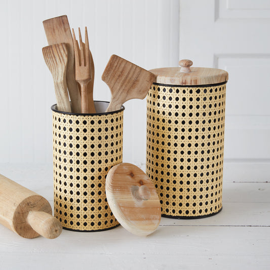 Set of Two Open Weave Cane Containers