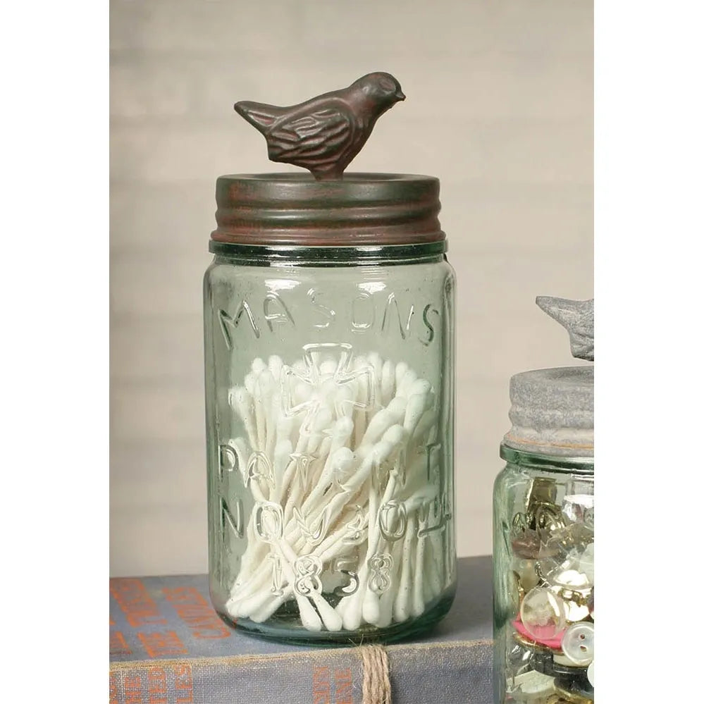 Pint Mason Jar With Songbird Lid - Green tint jar with Rust color lid